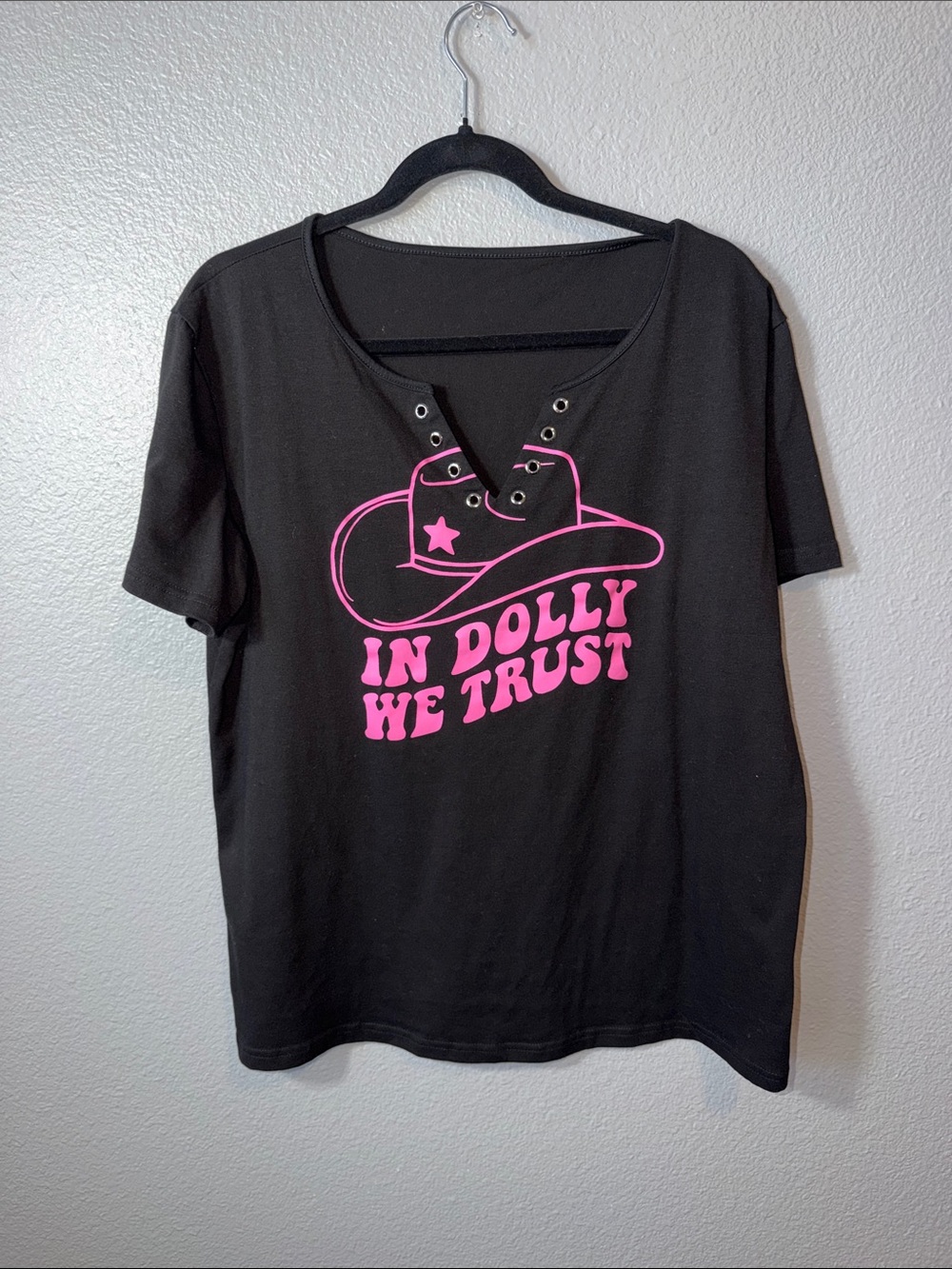 Womens Graphic Tee with Pink 'In Dolly We Trust' Print